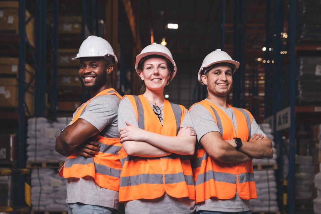 A team of three temporary workers in hi-vis jackets and hard hats