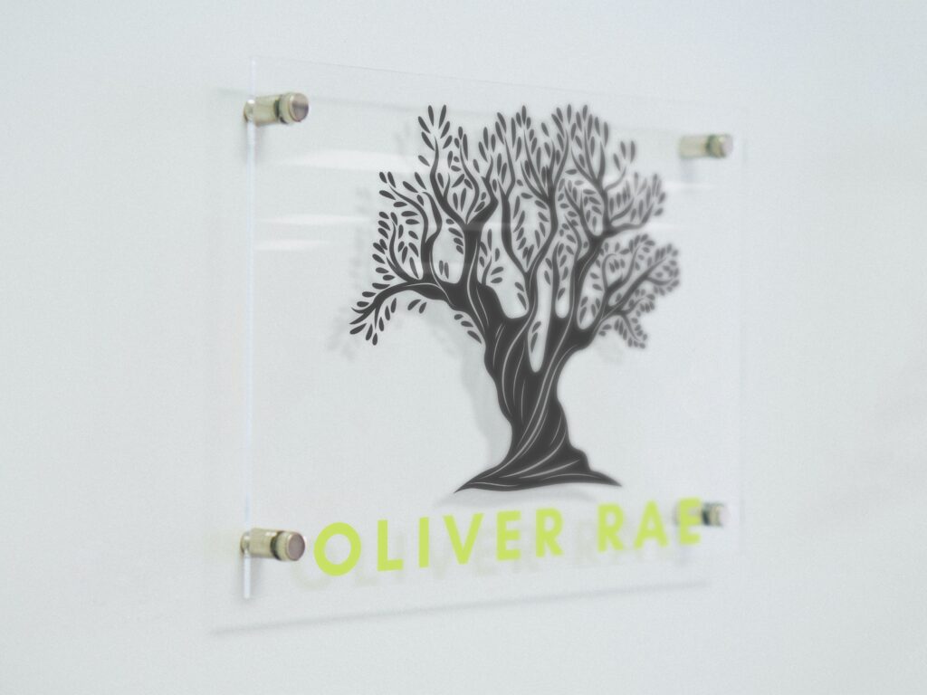 clear office sign with Oliver Rae's logo showcasing the company for their recruitment solutions